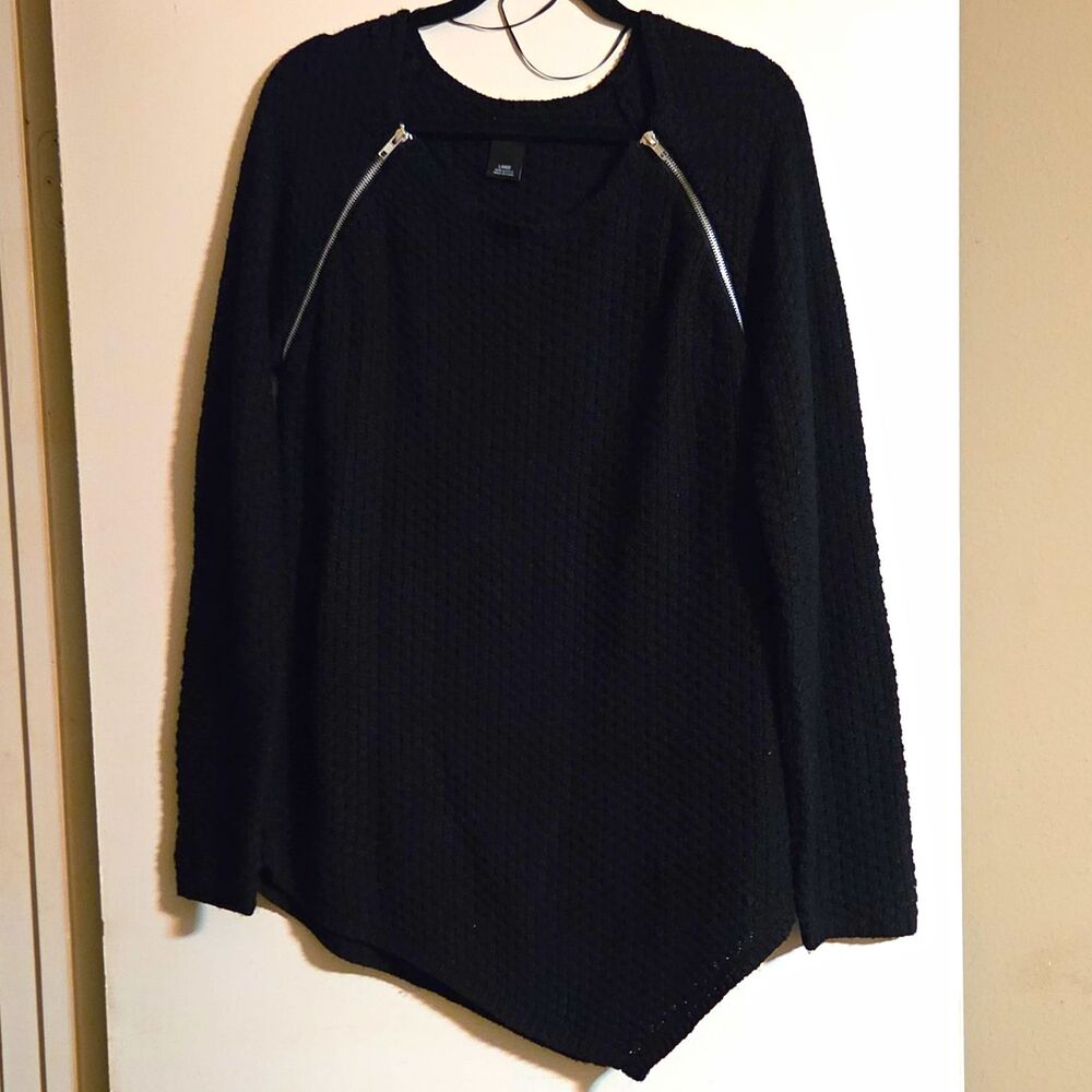 New Directions Black Solid Knit Pullover Sweater Crew Neck Zipper Accent L